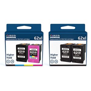 ankink higher yield hp 62xl ink cartridge replacement for 62 hp62xl hp62 xl envy 5540 5640 5660 7640 7644 7645 officejet 200 250 5740 5745 8040 printer 3 black 1 color (tricolor) combo 4 pack c2p07an