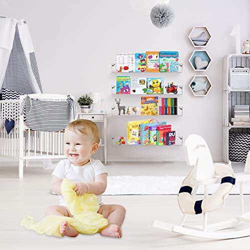 KDCMXS High Front Lip 24 Inch Acrylic Bookshelf,Nursery Book Shelves,Acrylic Shelves for Wall,Invisible Bookshelf,Acrylic Bathroom Shelves,50% Thicker Clear Acrylic Shelf for Kids Room Set of 2.