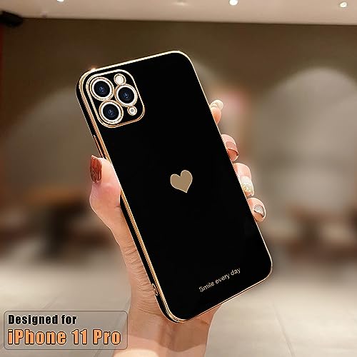 Teageo for iPhone 11 Pro Case for Girl Women Cute Love-Heart Luxury Bling Plating Soft Back Cover Raised Full Camera Protection Bumper Silicone Shockproof Phone Case for iPhone 11 Pro, Black