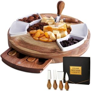 premium charcuterie cutting board set - cheese board set and serving platter - 13 inch meat/cheese board w/knife set incl 4 knives and 4 bowls server plate