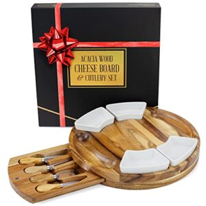 Premium Charcuterie Cutting Board Set - Cheese Board Set and Serving Platter - 13 inch Meat/Cheese Board w/Knife Set incl 4 Knives and 4 Bowls Server Plate