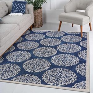 vernal machine washable area rug non slip back for living room, bedroom, dining room pet friendly high traffic non-shedding rugs jurupa collection carpets 4 x 6 feet blue/cream
