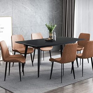 jiexi dining table set kitchen dining table modern slate stone dining table kitchen small space dining table and 4 leather chairs, black, table +4 brown chairs (ja7394)