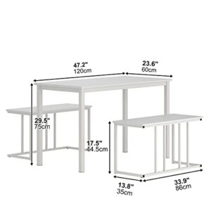 DlandHome 47'' Dining Table Set for 4, Kitchen Table Set Dining Table and 2 Benches, Kitchen Table and Benches, 3 Pieces Breakfast Table Set Dining Table with Bench Dining Room Bench Set, White