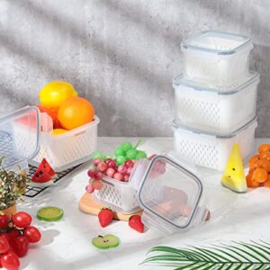 Potchen 6 Pcs Fruit Vegetable Storage Containers Plastic Produce Saver Food Refrigerator Organizer Bins Fresh for Fridge with Lids and Colander (Medium, Small), Clear