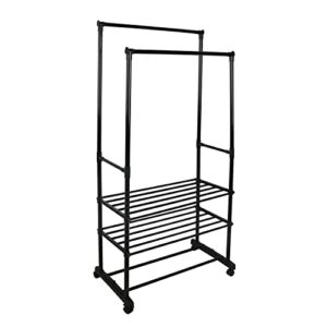 zoes homeware clothes rack,double rod clothing rack on wheels,large metal heavy duty clothing rack with 3 shelves for hanging clothes,black rolling clothes rack, 65"x 31" x16"