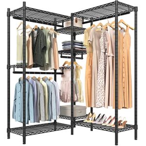 vipek l6 garment rack l shaped clothes rack heavy duty clothing rack metal freestanding closet with 7 adjustable shelves & 4 hanging rods 43.3"l x 43.3"w x 76.8"h, max load 700lbs, medium size, black