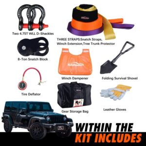 Autofonder 11Pcs Recovery Gear Offroad 4x4 kit-3 Pk Snatch Straps+2 D-Shackles+Snatch Block+Folding Survival Shovel+Tire Deflator+ Leather Gloves+Winch Dampener +Gear Bag- Tow Strap Recovery Set