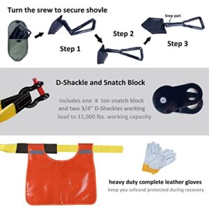 Autofonder 11Pcs Recovery Gear Offroad 4x4 kit-3 Pk Snatch Straps+2 D-Shackles+Snatch Block+Folding Survival Shovel+Tire Deflator+ Leather Gloves+Winch Dampener +Gear Bag- Tow Strap Recovery Set