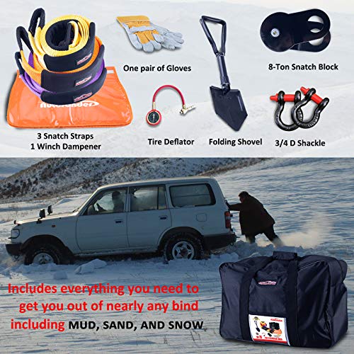 Autofonder 11Pcs Recovery Gear Offroad 4x4 kit-3 Pk Snatch Straps+2 D-Shackles+Snatch Block+Folding Survival Shovel+Tire Deflator+ Leather Gloves+Winch Dampener +Gear Bag- Tow Strap Recovery Set