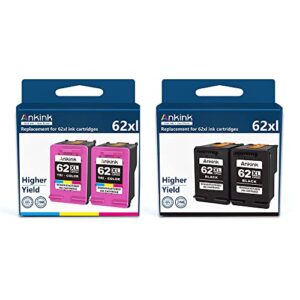 ankink higher yield hp 62xl ink cartridge replacement for 62 hp62xl hp62 xl envy 5540 5640 5660 7640 7644 7645 officejet 200 250 5740 5745 8040 printer 2 black 2 color (tricolor) combo 4 pack c2p07an