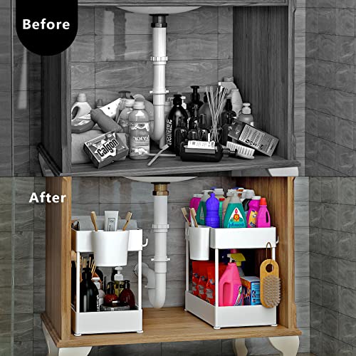 2 Pack Under Sink Organizers and Storage, 2-Tier Under Bathroom Kitchen Sink Organizer with 12 Hooks 4 Hanging Cups,Stable and Sturdy Under Cabinet Organizers for Bathroom Kitchen (White)