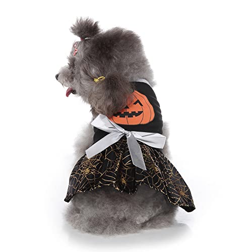 Filhome Halloween Dog Dresses, Pumpkin Spider Web Puppy Clothes Pet Costumes Outfits Dog Halloween Skirt for Halloween Party (Pumpkin, M)