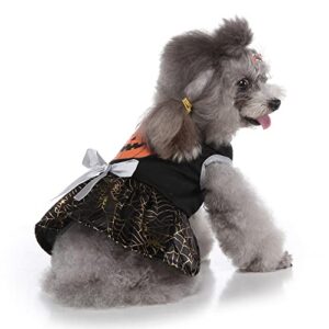 Filhome Halloween Dog Dresses, Pumpkin Spider Web Puppy Clothes Pet Costumes Outfits Dog Halloween Skirt for Halloween Party (Pumpkin, M)