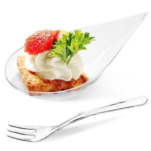 toflen 100ct 4 inch mini appetizer plates with tasting forks - reusable clear plastic party serving trays mini plates for appetizers and desserts - tear drop tasting spoon mini dish bowls