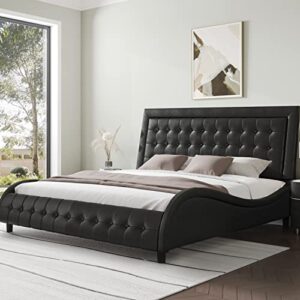 allewie queen bed frame with adjustable headboard/box-tufted upholstered platform bed/mattress foundation with wood slat support/no box spring needed/modern wave/black