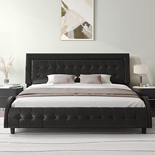 Allewie Queen Bed Frame with Adjustable Headboard/Box-Tufted Upholstered Platform Bed/Mattress Foundation with Wood Slat Support/No Box Spring Needed/Modern Wave/Black