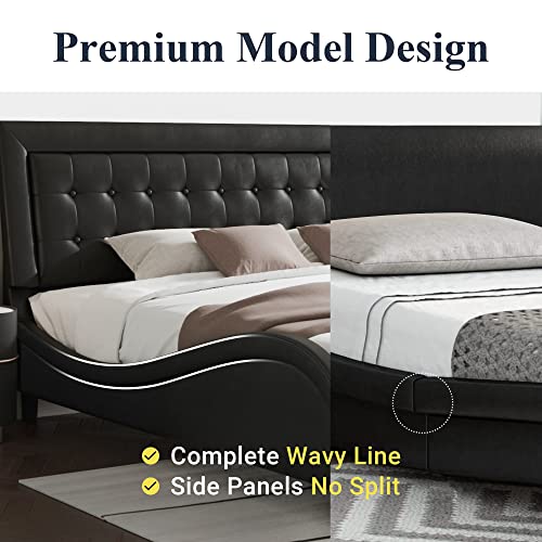 Allewie Queen Bed Frame with Adjustable Headboard/Box-Tufted Upholstered Platform Bed/Mattress Foundation with Wood Slat Support/No Box Spring Needed/Modern Wave/Black