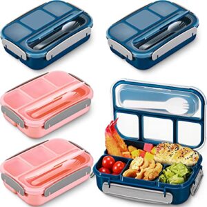 4 pack bento box adult lunch box, 1300ml large bento lunch box containers for kids adults toddler meal box with 4 compartment and fork, leak proof, microwave, dishwasher, pink and blue