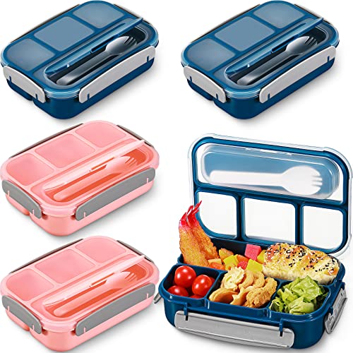 4 Pack Bento Box Adult Lunch Box, 1300ml Large Bento Lunch Box Containers for Kids Adults Toddler Meal Box with 4 Compartment and Fork, Leak Proof, Microwave, Dishwasher, Pink and Blue