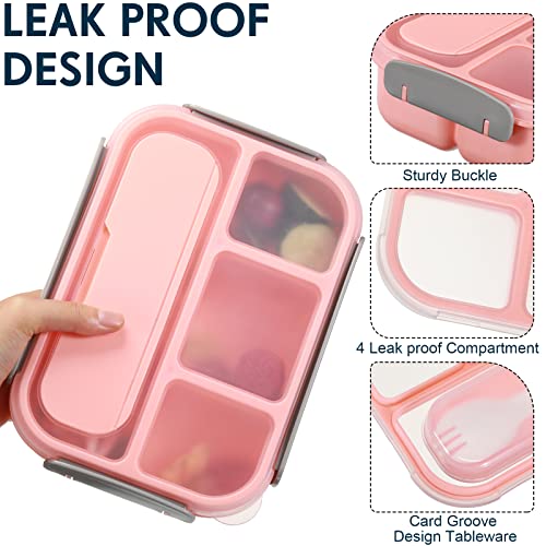 4 Pack Bento Box Adult Lunch Box, 1300ml Large Bento Lunch Box Containers for Kids Adults Toddler Meal Box with 4 Compartment and Fork, Leak Proof, Microwave, Dishwasher, Pink and Blue