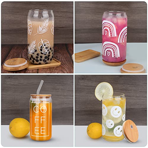 KAUND 4 PCS Ice Coffee Cup with Bamboo Lids and Glass Straw,16oz Sublimation Boho Printed Beer Can Glasses,Ideal for Cocktails,Whiskey,Beer,Soda and Gifts (C01-Boho)