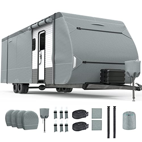 Vigorvan RV Cover, Upgraded Waterproof Travel Trailer Cover Thick 6 Layers Top Fits Up to 30'-33', Anti-UV & Windproof Camper Cover with Tongue Jack Cover, Tire Covers and Gutter Covers