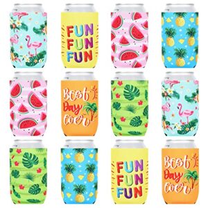 whaline 12pcs summer hawaiian can sleeves reusable cooler & insulated can sleeves beer can cooler covers collapsible insulator drink sleeves for 12oz beverage coffee cans bottles, 6 designs