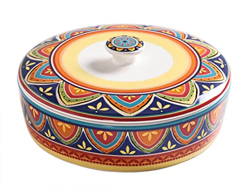 Bico Tunisian Ceramic 8.8 inch Tortilla Warmer, Tortilla Server with Lid, Taco Holder for Mexican Fiesta Party, Taco Tuesday, Cinco De Mayo, Microwave and Dishwasher Safe