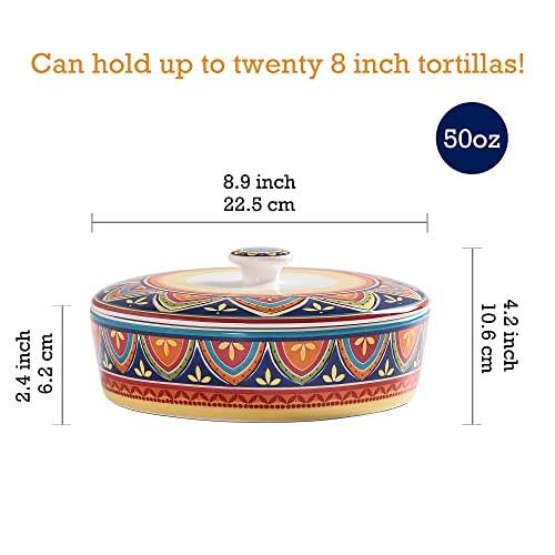 Bico Tunisian Ceramic 8.8 inch Tortilla Warmer, Tortilla Server with Lid, Taco Holder for Mexican Fiesta Party, Taco Tuesday, Cinco De Mayo, Microwave and Dishwasher Safe