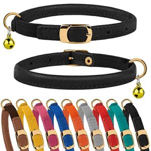 murom rolled leather cat collar with elastic strap safety adjustable pet collars for cats kitten yellow red pink blue orange brown gray (black)