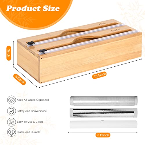 Wownic Wrap Dispenser 2 in 1 with Cutter and Labels Carved | WrapNeat Plastic Wrap Organizer | Foil and Wax Dispenser for Kitchen Drawer | Bamboo Roll Organizer Holder | Compatible with 12" Roll