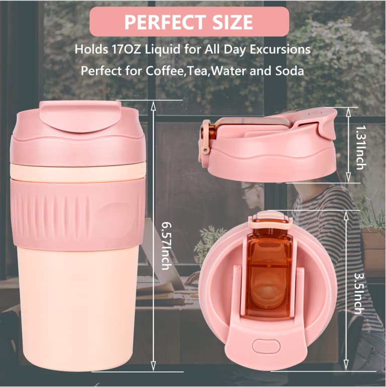 Coffee Travel Mug, Double Walled Insulated Vacuum Coffee Tumbler With Leakproof Flip Insulated Coffee Mug, For Hot And Cold Water Coffee And Tea In Travel Car Office School Camping (Pink, 17)