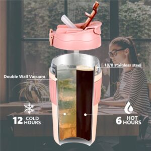 Coffee Travel Mug, Double Walled Insulated Vacuum Coffee Tumbler With Leakproof Flip Insulated Coffee Mug, For Hot And Cold Water Coffee And Tea In Travel Car Office School Camping (Pink, 17)