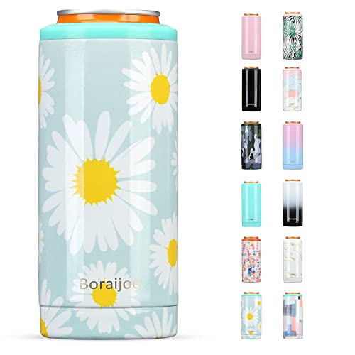 Boraijoe Skinny Can Cooler for Slim Beer and Hard Seltzer,Standard 12oz Sleeve,Double-Walled Stainless Steel Vacuum Insulated Slim Cans - Daisy