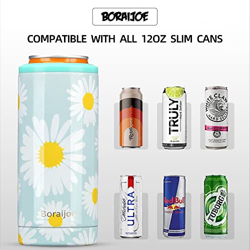 Boraijoe Skinny Can Cooler for Slim Beer and Hard Seltzer,Standard 12oz Sleeve,Double-Walled Stainless Steel Vacuum Insulated Slim Cans - Daisy