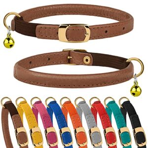 murom rolled leather cat collar with elastic strap safety adjustable pet collars for cats kitten yellow red pink blue orange brown gray (brown)