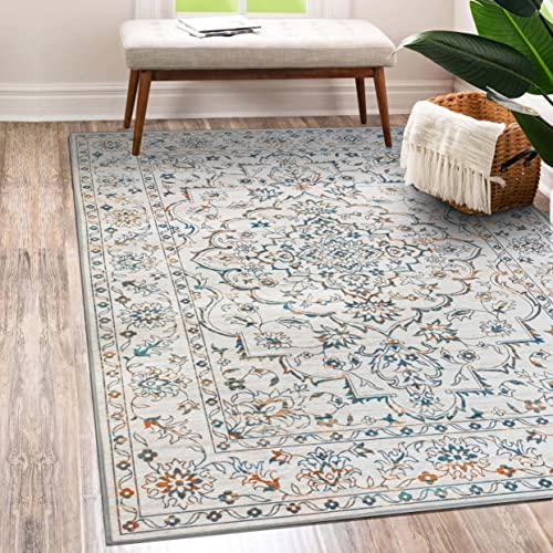 Vernal Machine Washable Non Slip Area Rug for Living Room, Bedroom, Dining Room Pet Friendly High Traffic Non-Shedding Rugs Odessa Collection Carpets 5 X 7 Feet Blue/Yellow/Cream