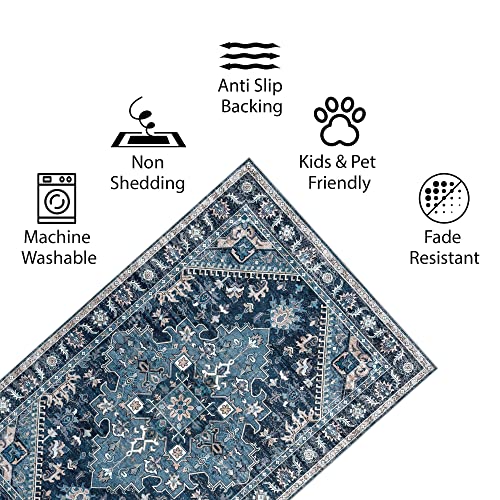 Vernal Machine Washable Non Slip Area Rug for Living Room, Bedroom, Dining Room Pet Friendly High Traffic Non-Shedding Rugs Milagros Persian Collection Carpets 5 X 7 Feet Dark Blue/Beige