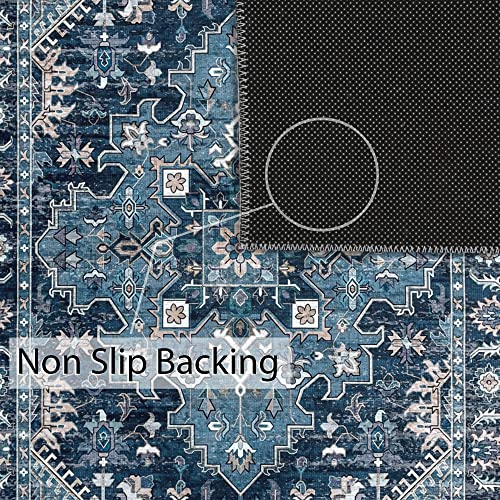 Vernal Machine Washable Non Slip Area Rug for Living Room, Bedroom, Dining Room Pet Friendly High Traffic Non-Shedding Rugs Milagros Persian Collection Carpets 5 X 7 Feet Dark Blue/Beige