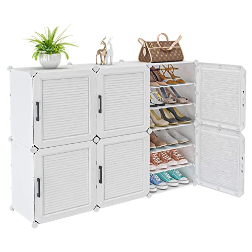 KUYT Portable 36 Pair DIY Shoe Storage Shelf Organizer, Plastic Shoe Organizer for Entryway, Shoe Cabinet with Doors, for Shoes Boots Slippers