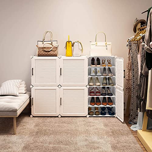 KUYT Portable 36 Pair DIY Shoe Storage Shelf Organizer, Plastic Shoe Organizer for Entryway, Shoe Cabinet with Doors, for Shoes Boots Slippers