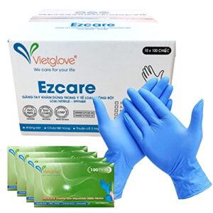 bebenuvo viet glove ezcare nitrile exam disposable gloves| 100 gloves 1 box | 4 mil 4 grams| powder-free (l, blue)