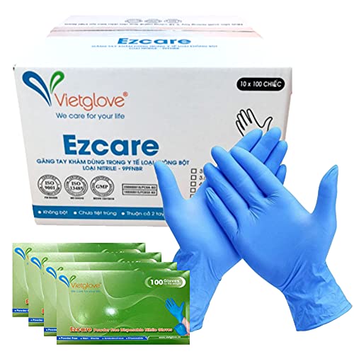 Bebenuvo Viet Glove Ezcare Nitrile Exam Disposable Gloves| 100 Gloves 1 box | 4 Mil 4 grams| Powder-Free (L, Blue)