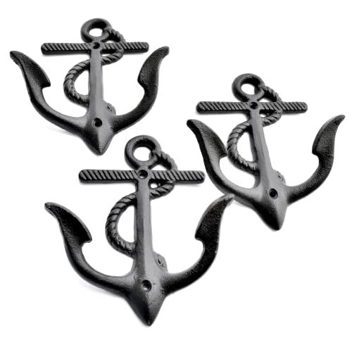 Ambipolar 3-Pack Big Anchor Cast Iron Heavy Duty Coat Hooks, Vintage Inspired Antique Black Hooks for Entryway, Cloakroom, Bathroom, Foyer, Decorative Wall Hooks