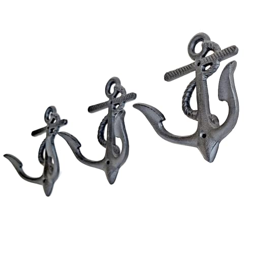 Ambipolar 3-Pack Big Anchor Cast Iron Heavy Duty Coat Hooks, Vintage Inspired Antique Black Hooks for Entryway, Cloakroom, Bathroom, Foyer, Decorative Wall Hooks