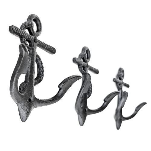 Ambipolar 3-Pack Big Anchor Cast Iron Heavy Duty Coat Hooks, Vintage Inspired Antique Black Hooks for Entryway, Cloakroom, Bathroom, Foyer, Decorative Wall Hooks