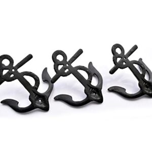 Ambipolar 3-Pack Big Anchor Cast Iron Heavy Duty Coat Hooks, Vintage Inspired Antique Black Hooks for Entryway, Cloakroom, Bathroom, Foyer, Decorative Wall Hooks