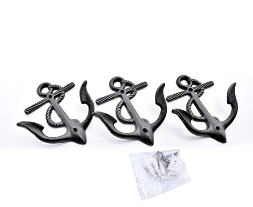 Ambipolar 3-Pack Big Anchor Cast Iron Heavy Duty Coat Hooks, Vintage Inspired Antique Black Hooks for Entryway, Cloakroom, Bathroom, Foyer, Decorative Wall Hooks