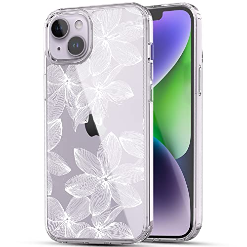 RANZ iPhone 14 Case, Anti-Scratch Shockproof Series Clear Hard PC + TPU Bumper Protective Cover Case for iPhone 14 (6.1") - White Flower